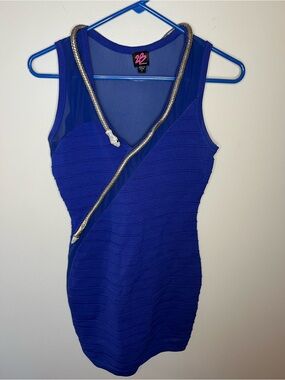 Bebe Royal Blue Bodycon Dress w/Rhinestone/Metal Snake and Sheer Panel Details